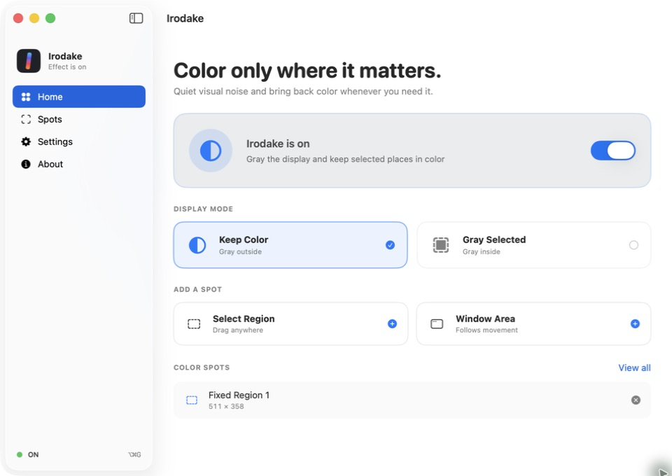 Irodake home screen configured to keep selected regions in color